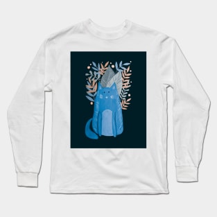 Cat and foliage - pastel autumn with dark background Long Sleeve T-Shirt